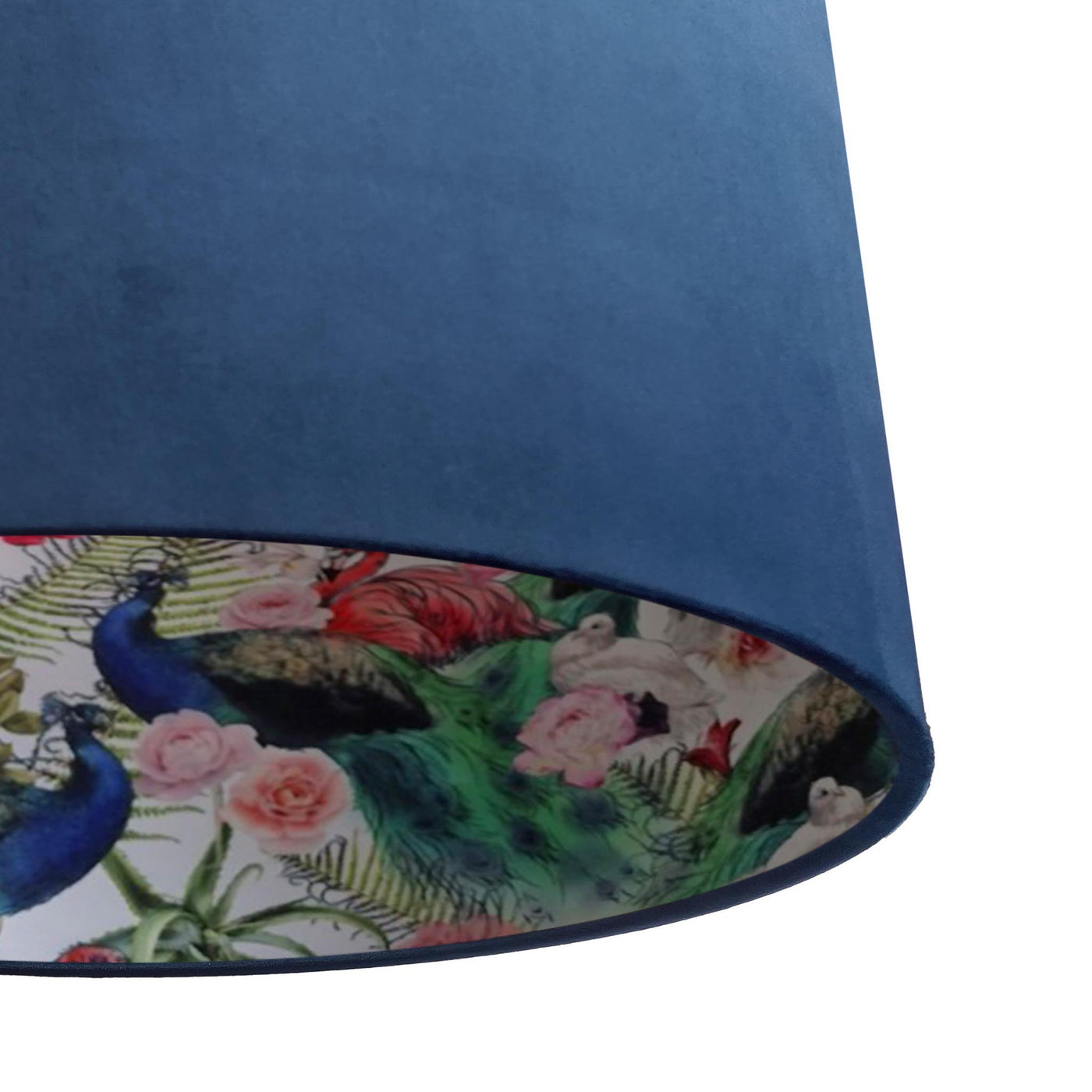 close up of the Peacock and Flamingo Feathers Lampshade in Navy Blue Velvet
