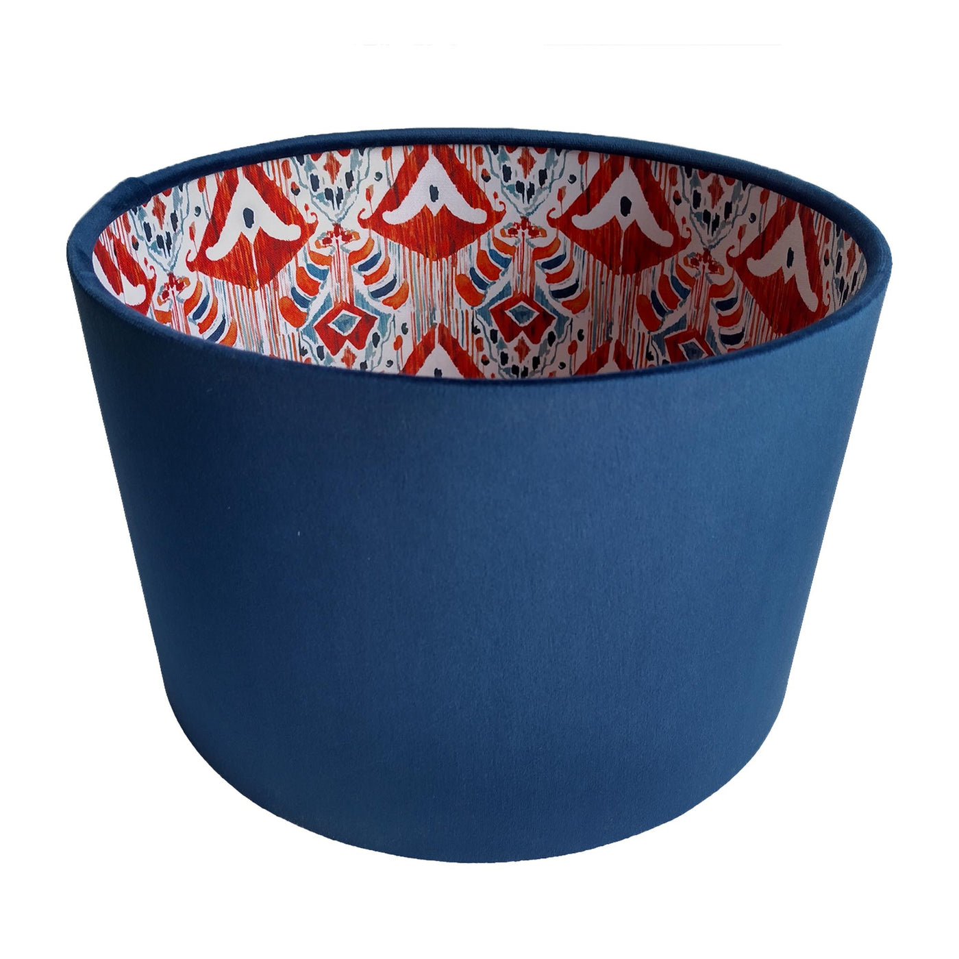 Navy Blue Velvet Lampshade with Red Ikat Fabric Lining