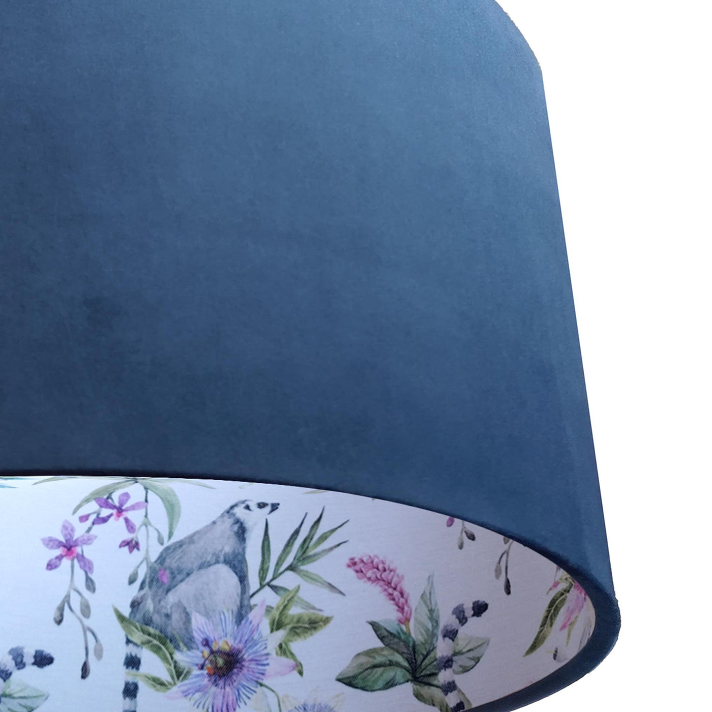 close up of the Pinky Lemur Floral Lampshade in Navy Blue Velvet