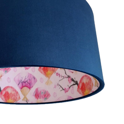 close up of the Japanese Fan and Cherry Blossoms Lampshade in Navy Blue Velvet