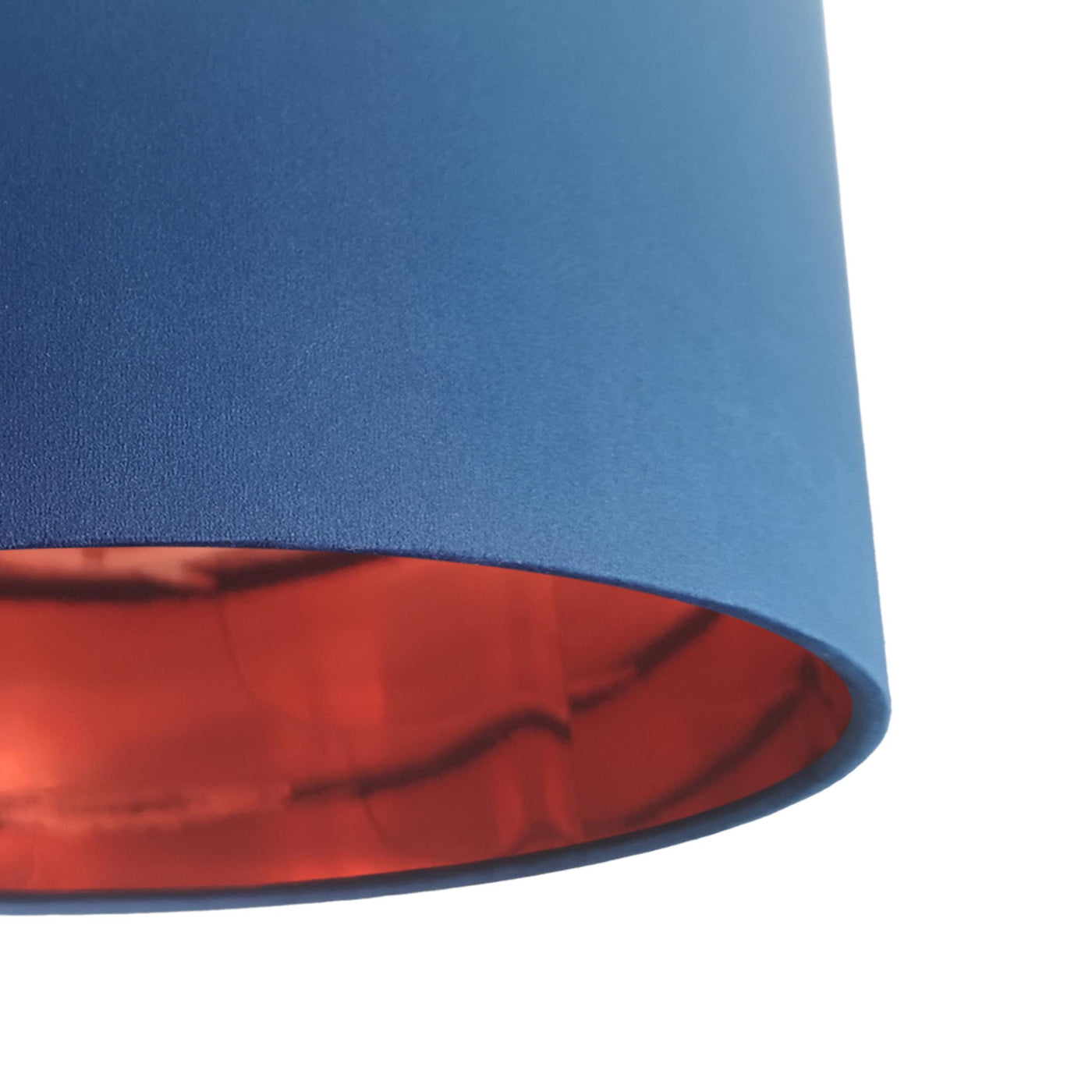 close up of the Navy Blue Velvet Lamp Shade with Mirror Copper Lining