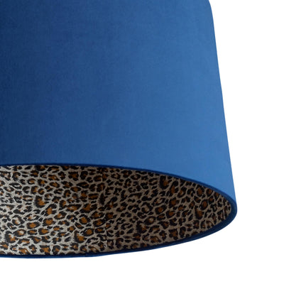 close up of the Navy Blue Velvet Light Shade with Leopard Lining