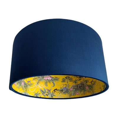 Mustard Yellow Lemur Tropical Island Lamp shade in Navy Blue Velvet