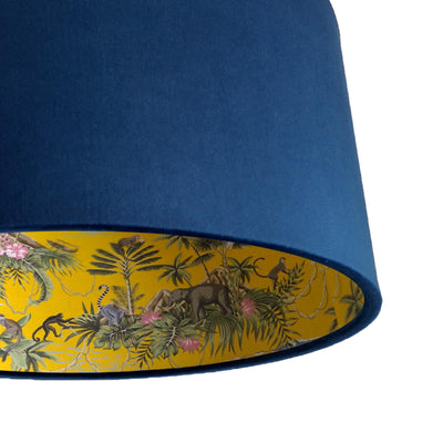 close up of the Mustard Yellow Lemur Tropical Island Lampshade in Navy Blue Velvet