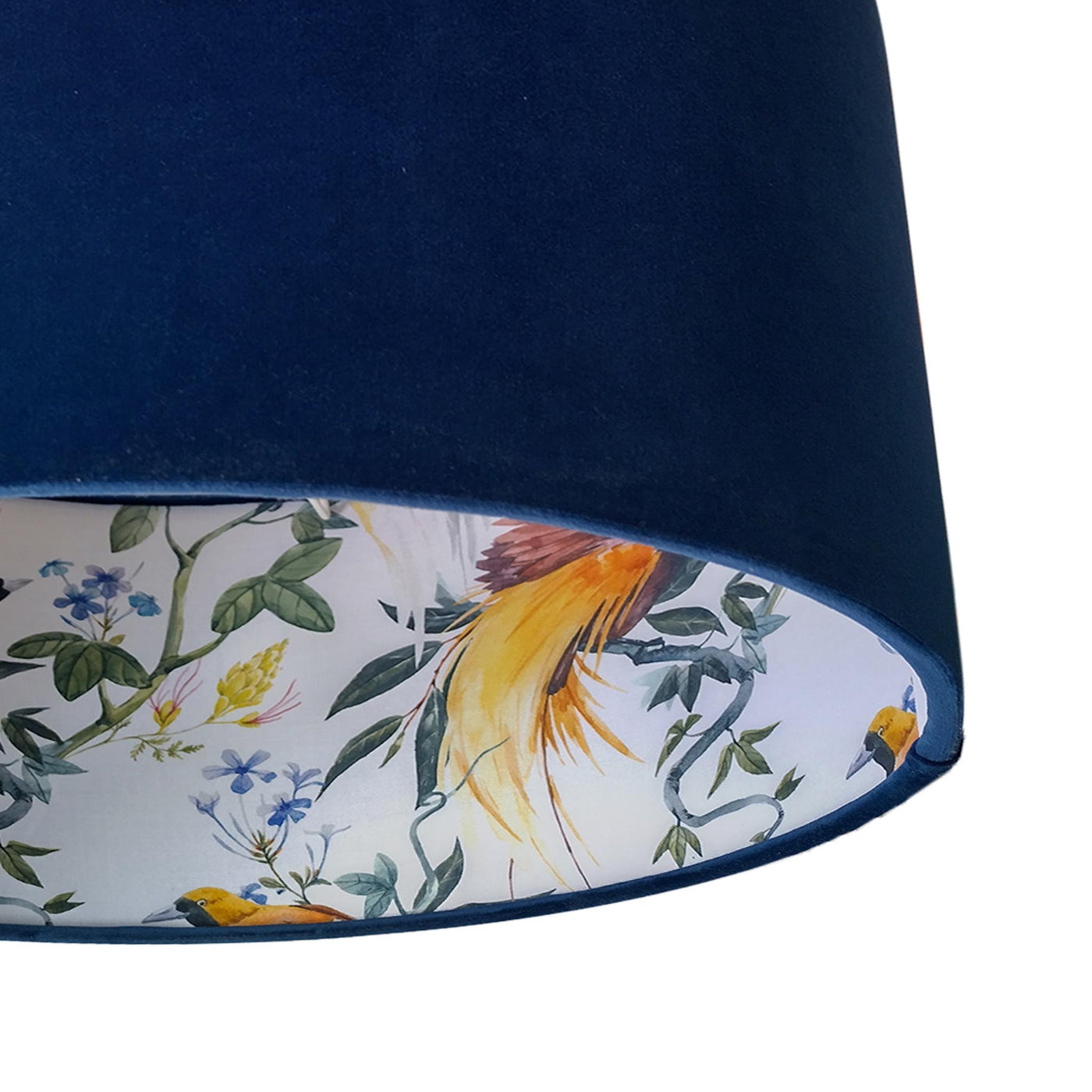 close up of the Tropical Birds Lampshade and Navy Blue Velvet