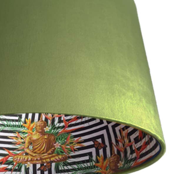 close up of the Spiritual Buddha Lampshade in Olive Green Velvet