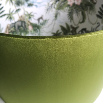 close up of the Lemur Tropical White Island Lampshade in Olive Green Velvet