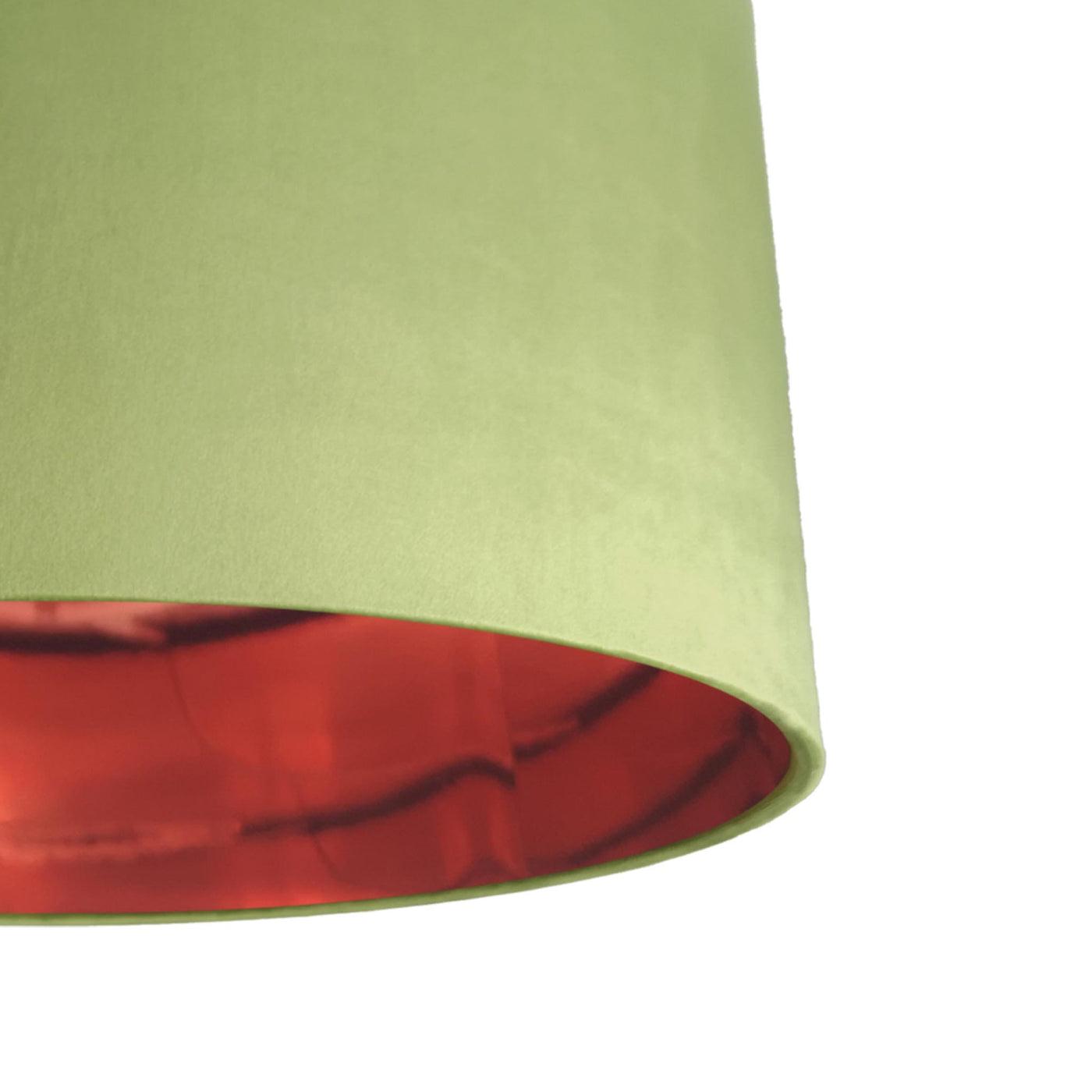 close up of the Olive Green Velvet Lampshade with Mirror Copper Lining