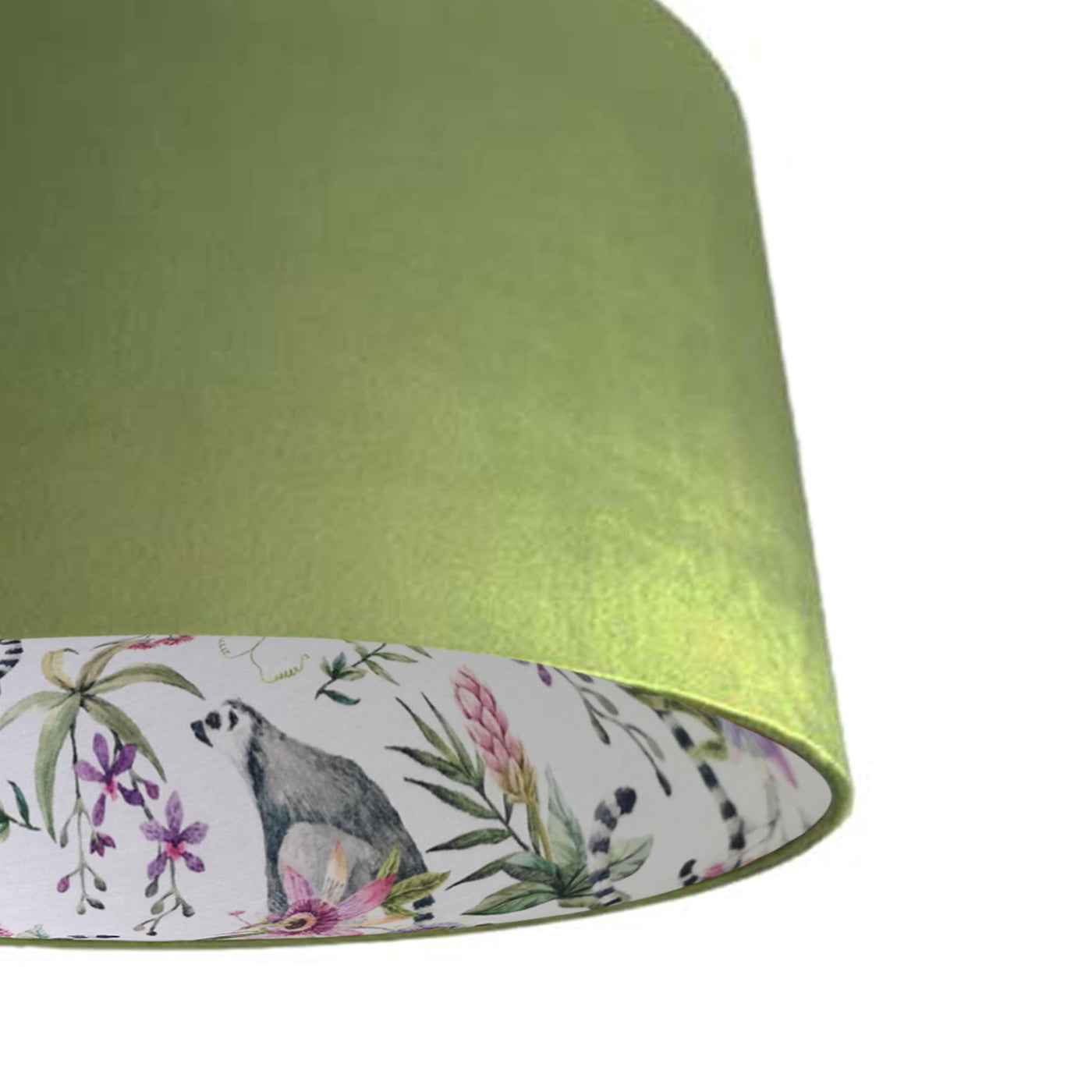 close up of the Pinky Lemur Floral Lampshade in Olive Green Velvet