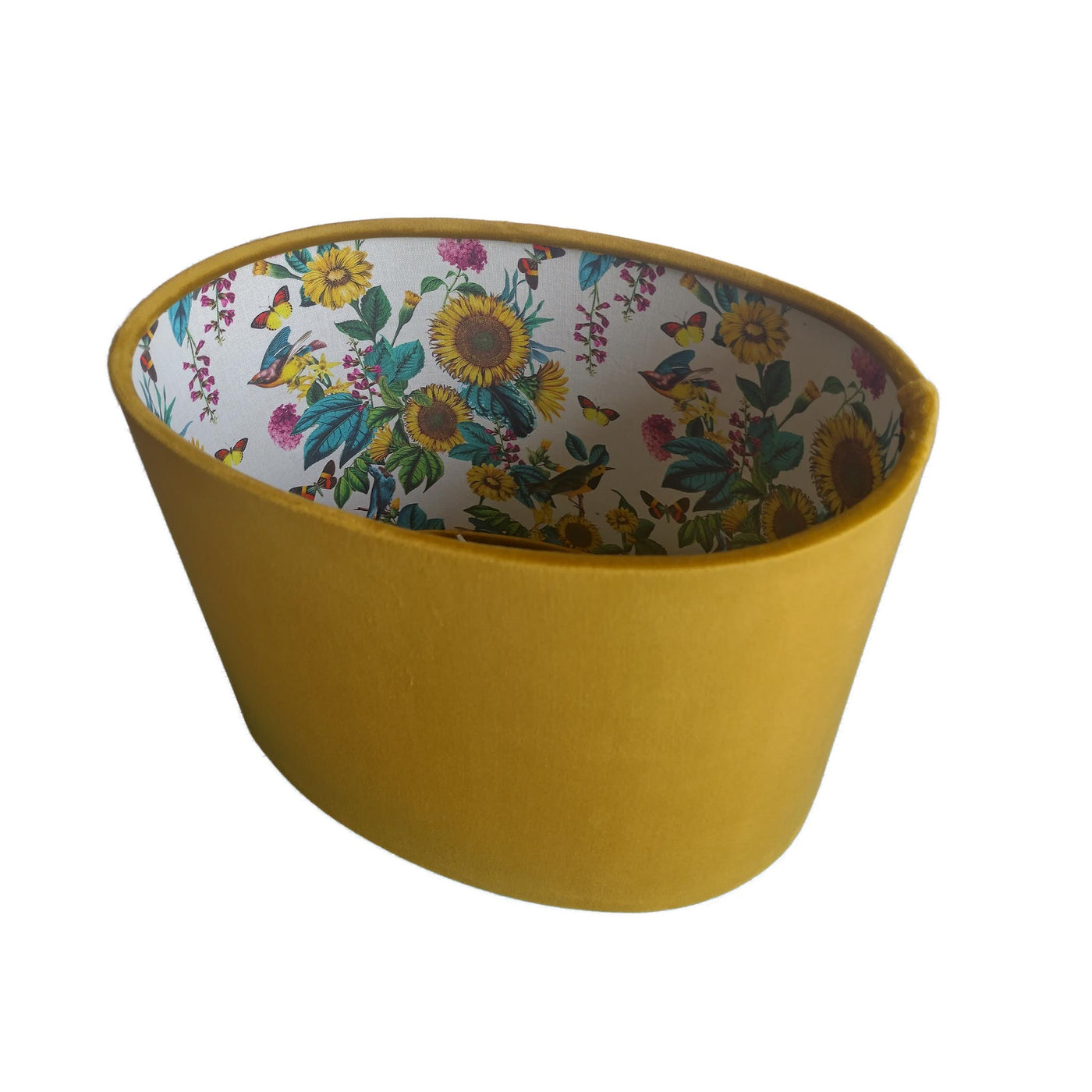 Mustard Yellow Velvet Oval Lamp shade with Birds and Sunflowers in Cream, side view