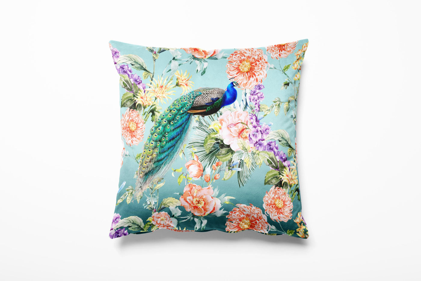 Peacock Paradise In Teal Blue Velvet Cushion - 45cm Square - On Sale