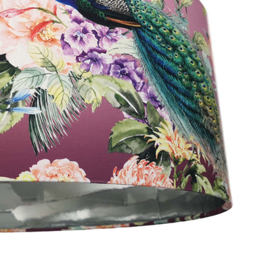 Peacock Paradise Velvet Lampshade in Pink with Mirror Silver Lining - close up