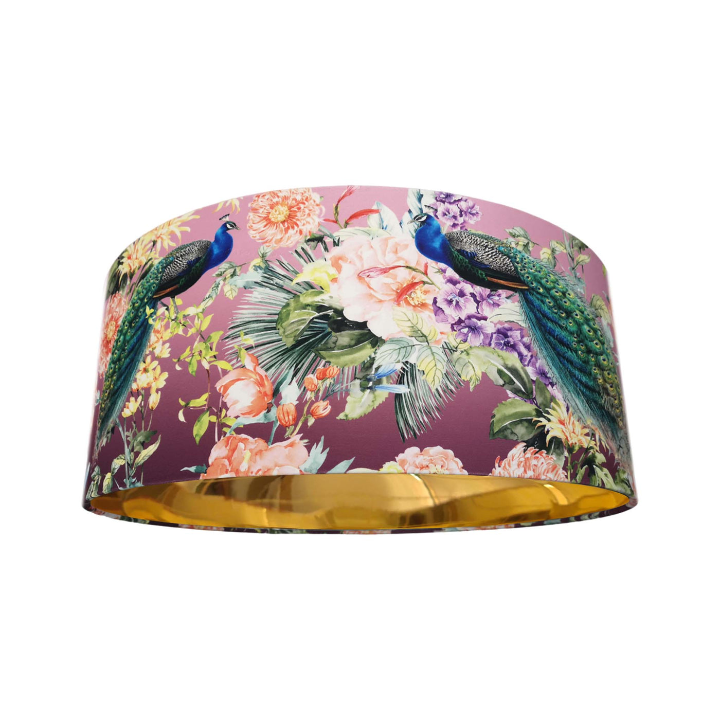 Pink Velvet Lamp shade with Paradise Peacock and Mirror Gold Lining 