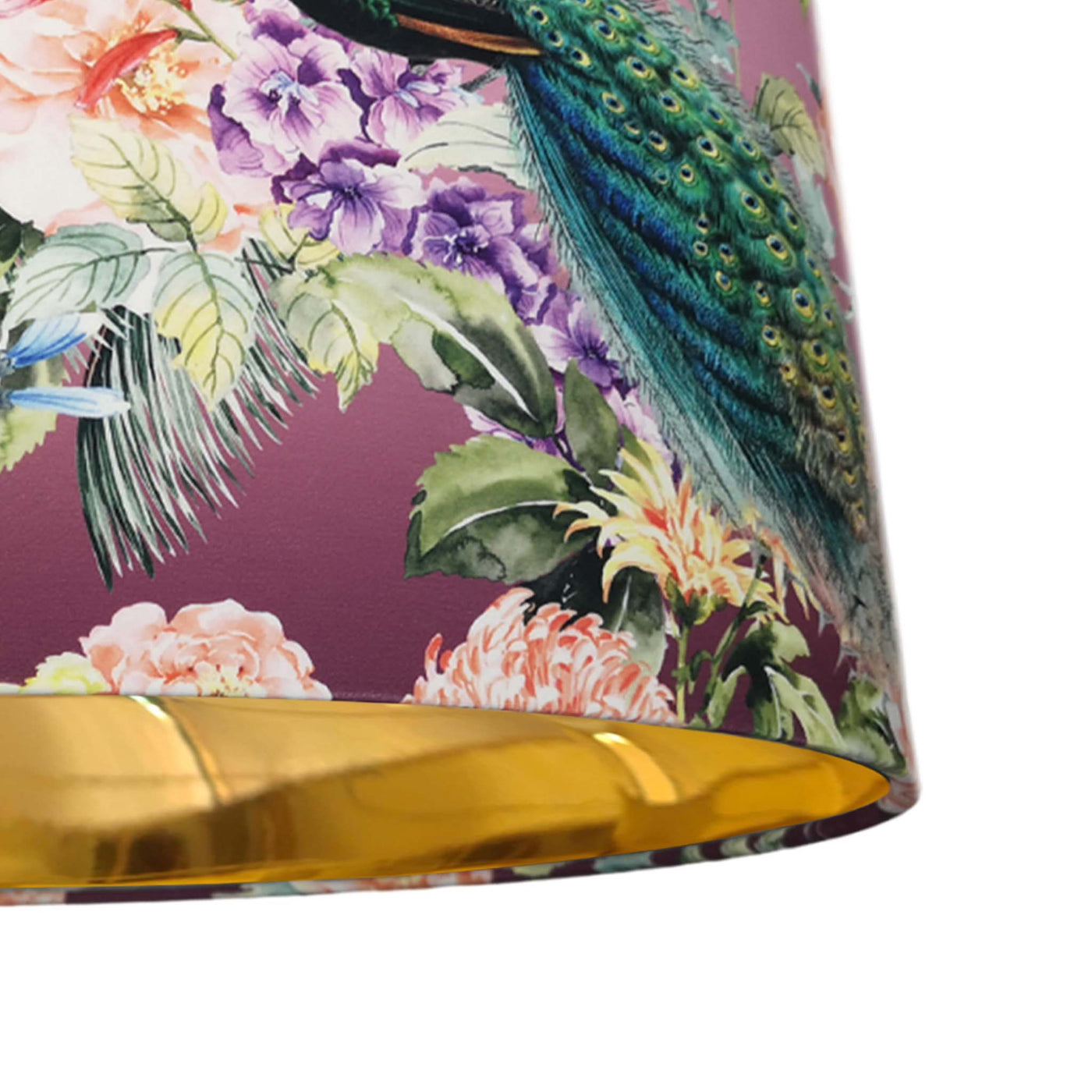 Pink Velvet Lampshade with Paradise Peacock and Mirror Gold Lining - close up