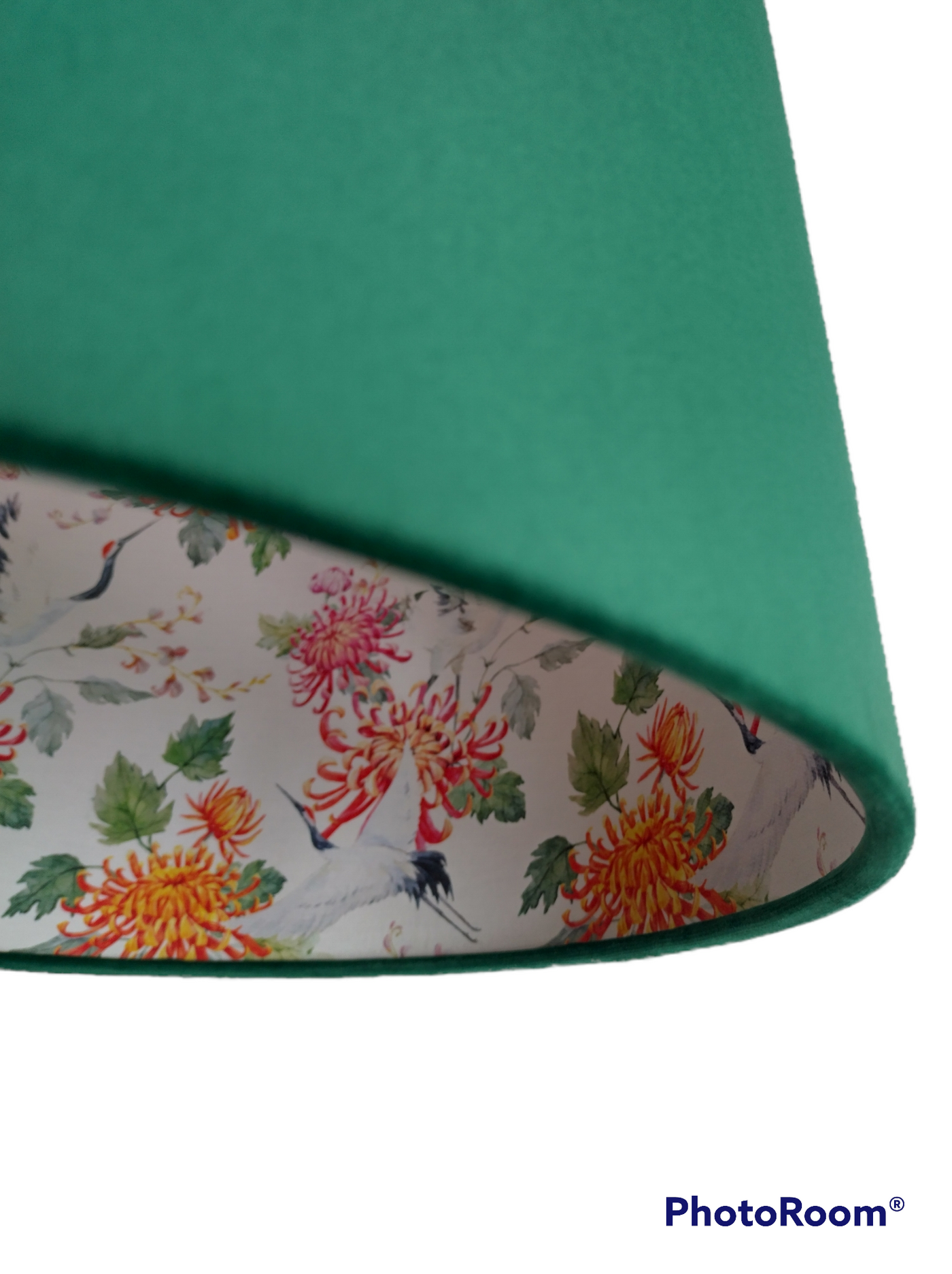 close up of the Bottle Green Velvet Lampshade with Crane Birds & Chrysanthemum Lining