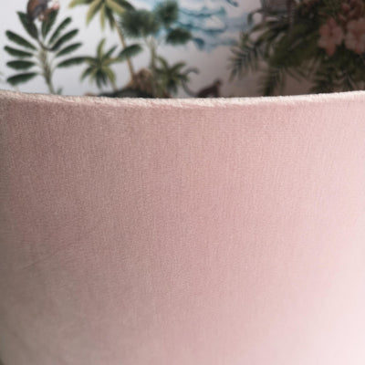 close up of the Lemur Tropical White Island Lampshade in Baby Pink Velvet