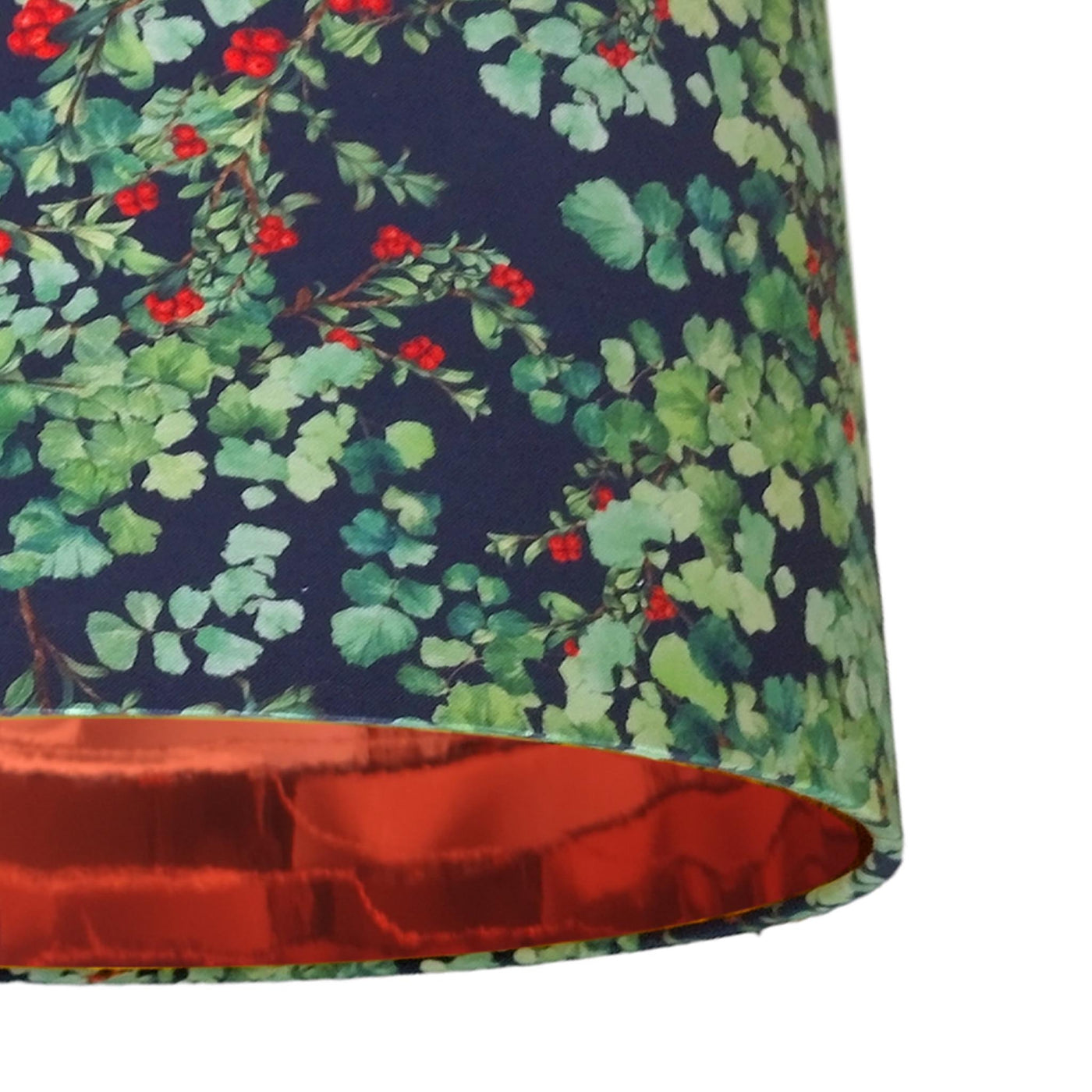 close up of the Red Berries Cotton Lampshade with Mirror Copper