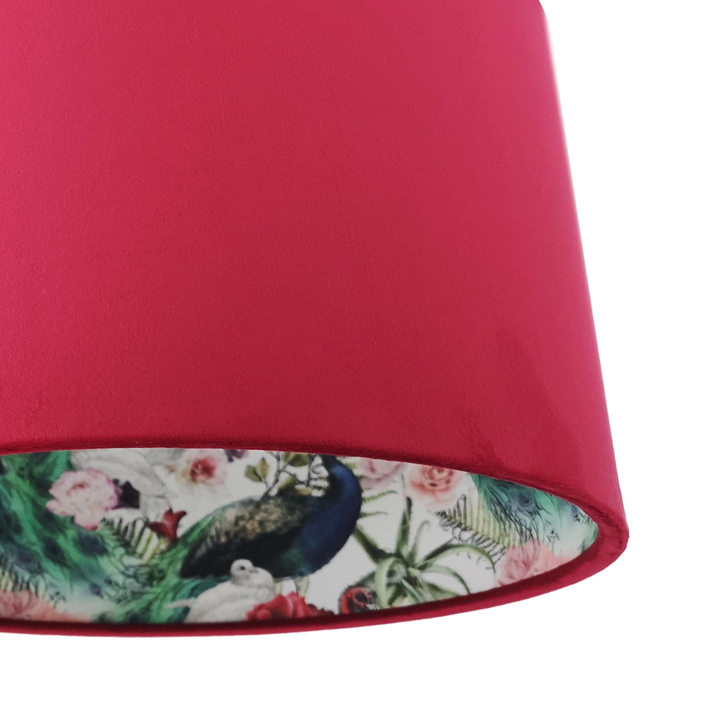 close up of the Flamingo and Peacock Feathers Light Shade in Red Claret Velvet