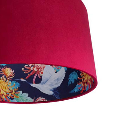 close up of the Japanese Cranes Lampshade in Blue with Red Claret Velvet