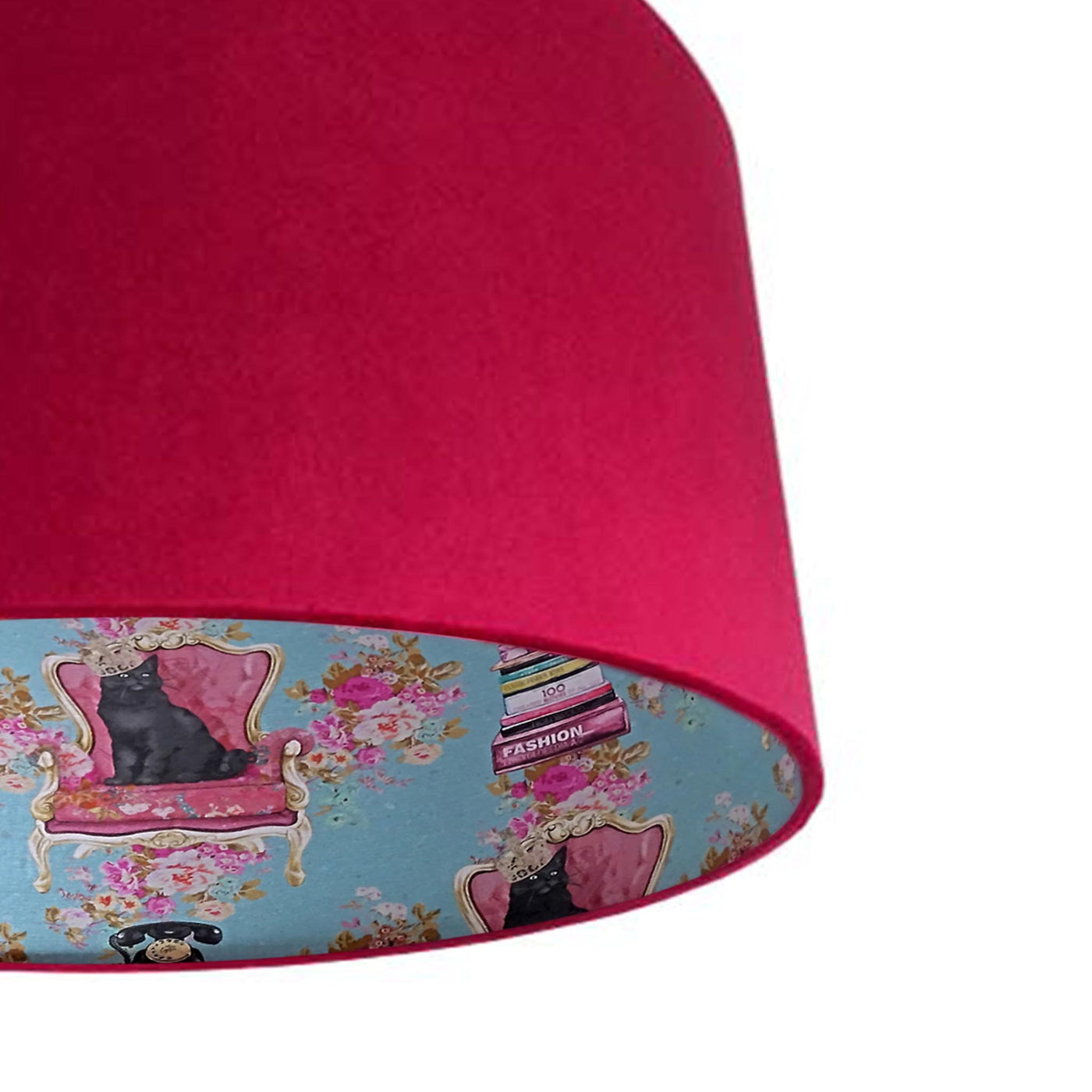 close up of the Red Claret Velvet Lampshade with Royal Cat Lining