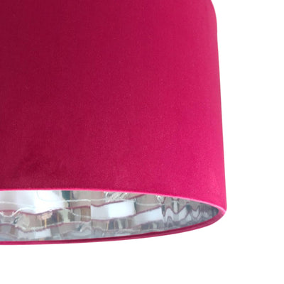 close up of the Red Claret Velvet Lampshade with Silver Mirror Lining