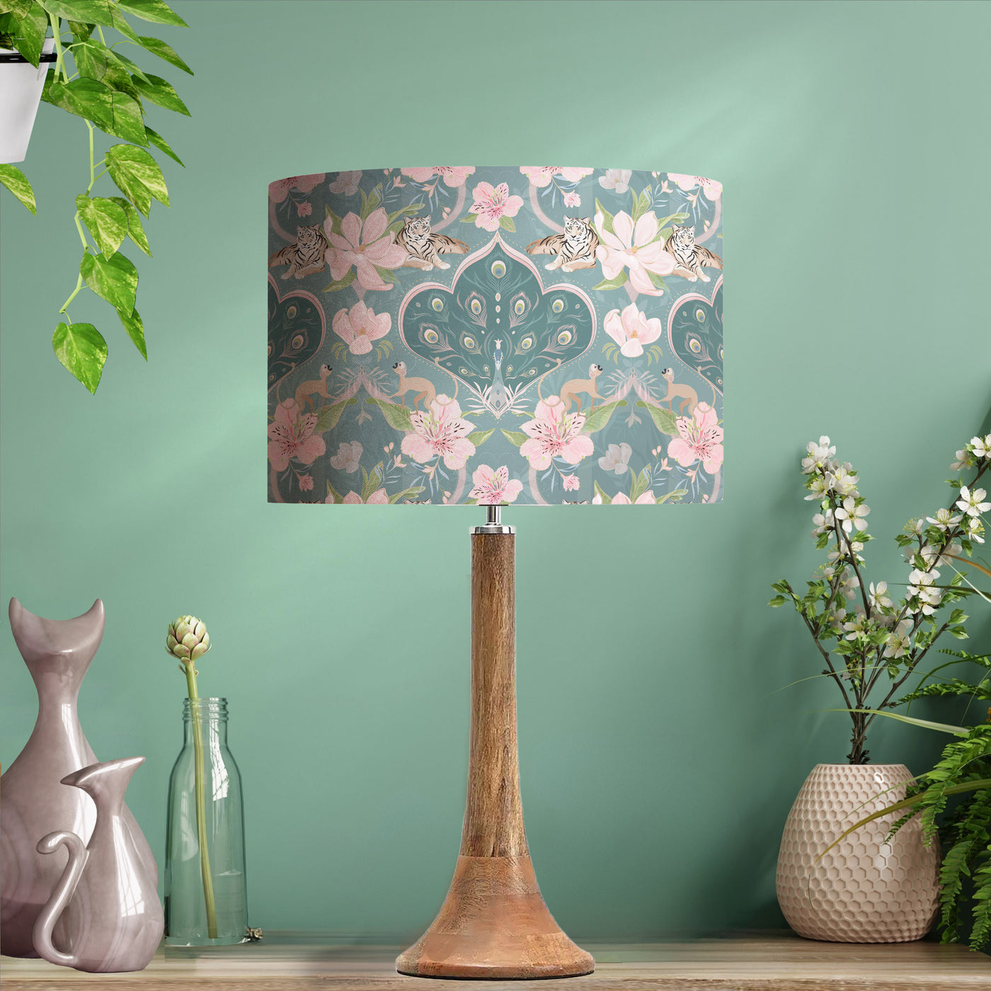 Royal Peacock Cotton Lampshade Lined with Silver