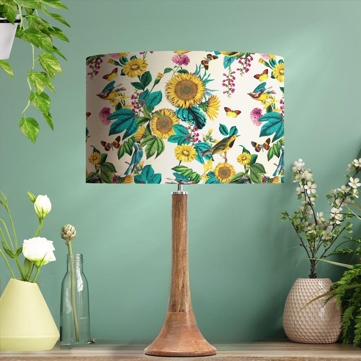 Silver Lined Lampshade with Birds and Sunflowers in Cream
