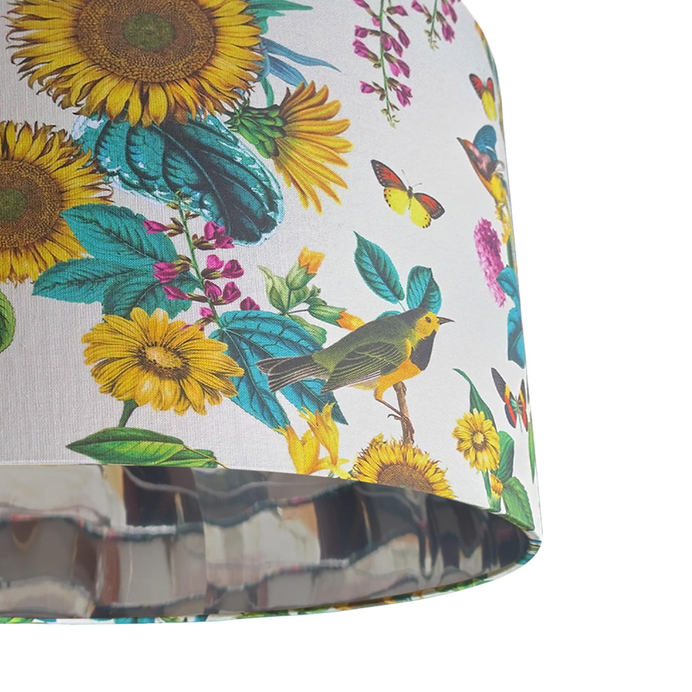 close up of the Silver Lined Lampshade with Birds and Sunflowers in Cream