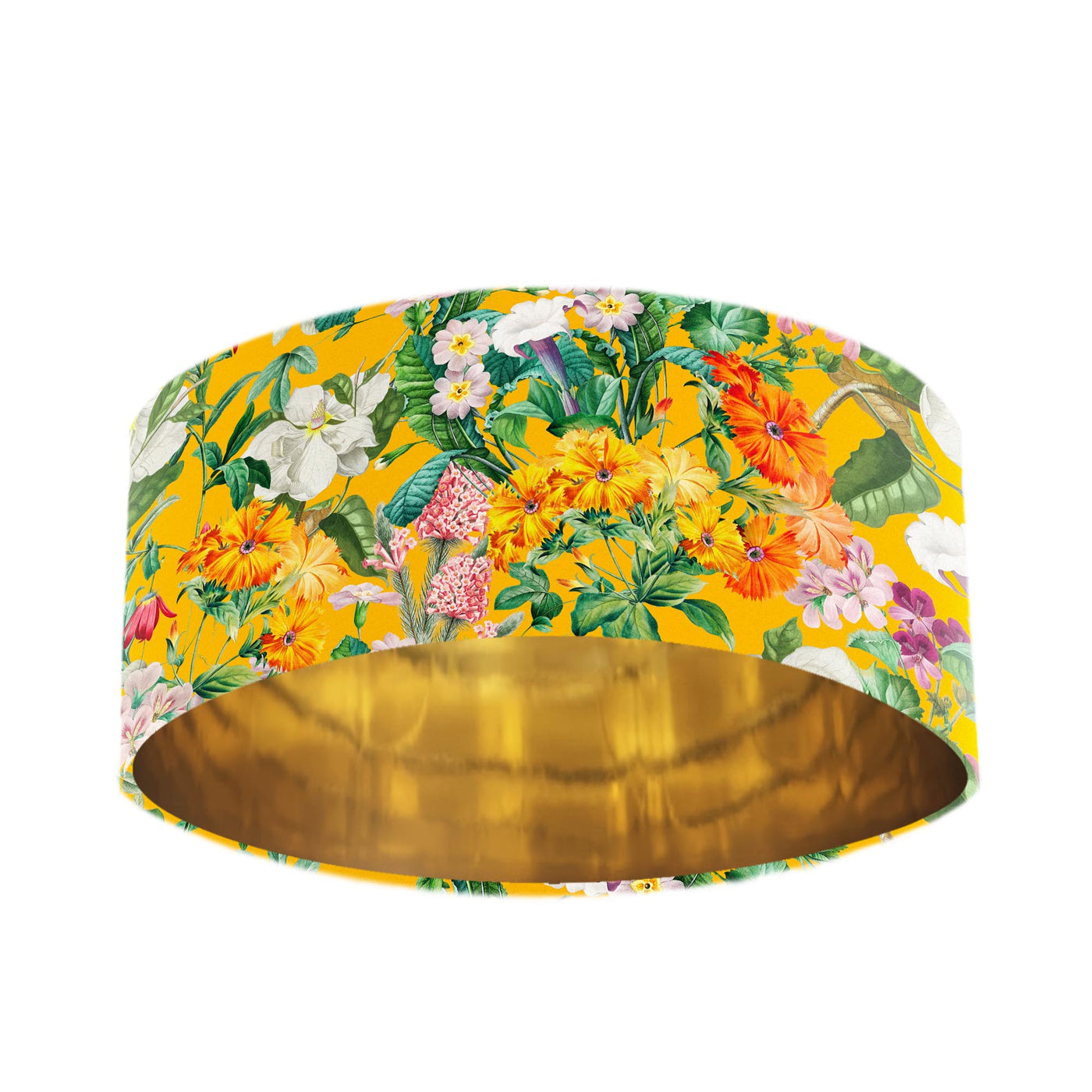 Meadow velvet lamp shade in sunshine yellow with gold lining