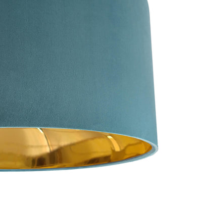 close up of the Teal Blue Velvet Lampshade with Mirror Gold Lining