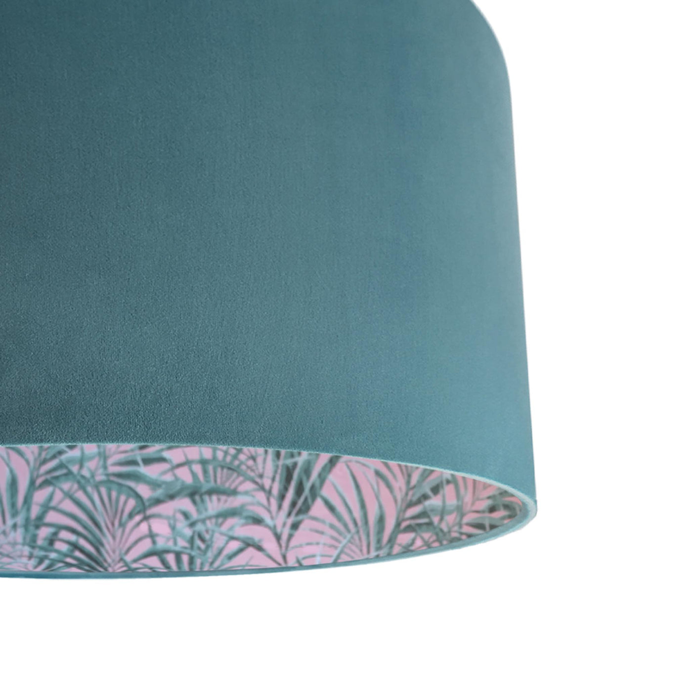 close up of the Teal Blue Velvet Lampshade with Palms Delight Lining