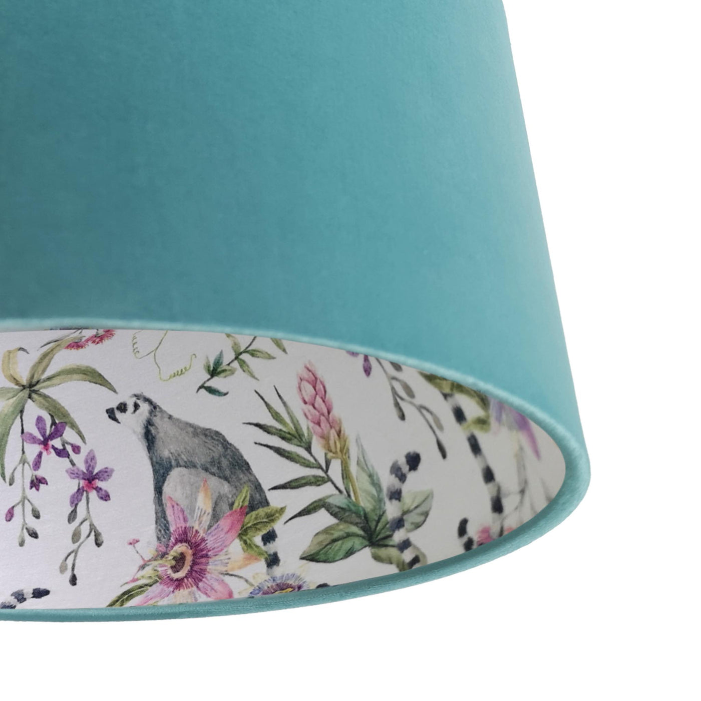 close up of the Pinky Lemur Floral Lampshade in Teal Blue Velvet