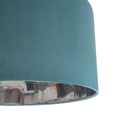 close up of the Teal Blue Velvet Lampshade with Mirror Silver Lining