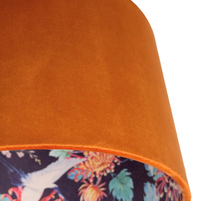 close up of the Japanese Cranes Lampshade in Blue with Terracotta Velvet