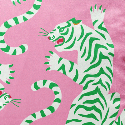 Tiger Roar Velvet Cushion in Candy Pink and Green with Gold Piping