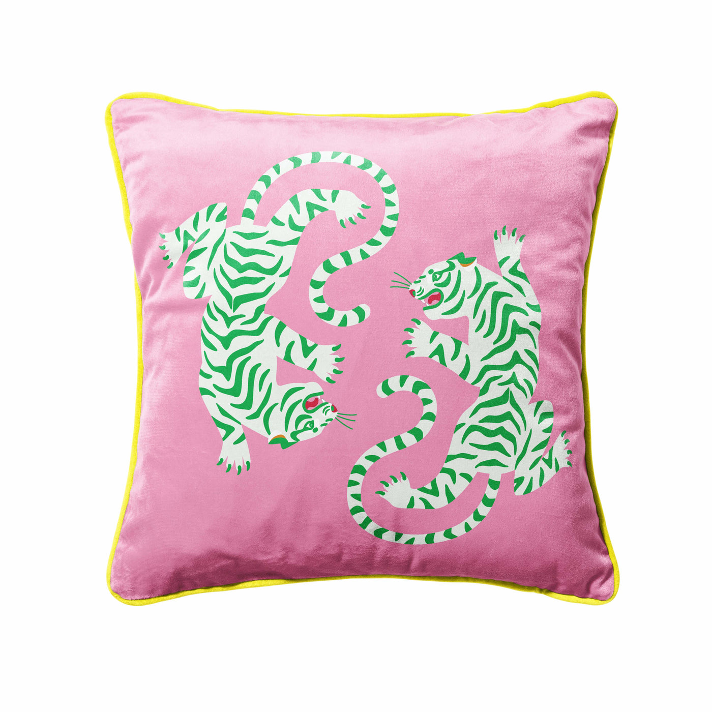 Tiger Roar Velvet Cushion in Candy Pink and Green with Gold Piping