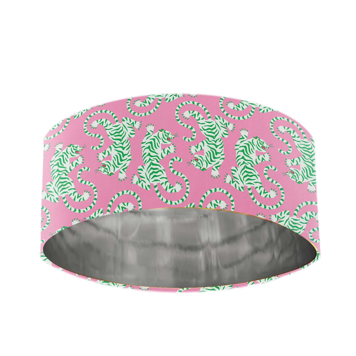 Tiger Roar Velvet Lamp Shade in Candy Pink and Green with Silver Lining