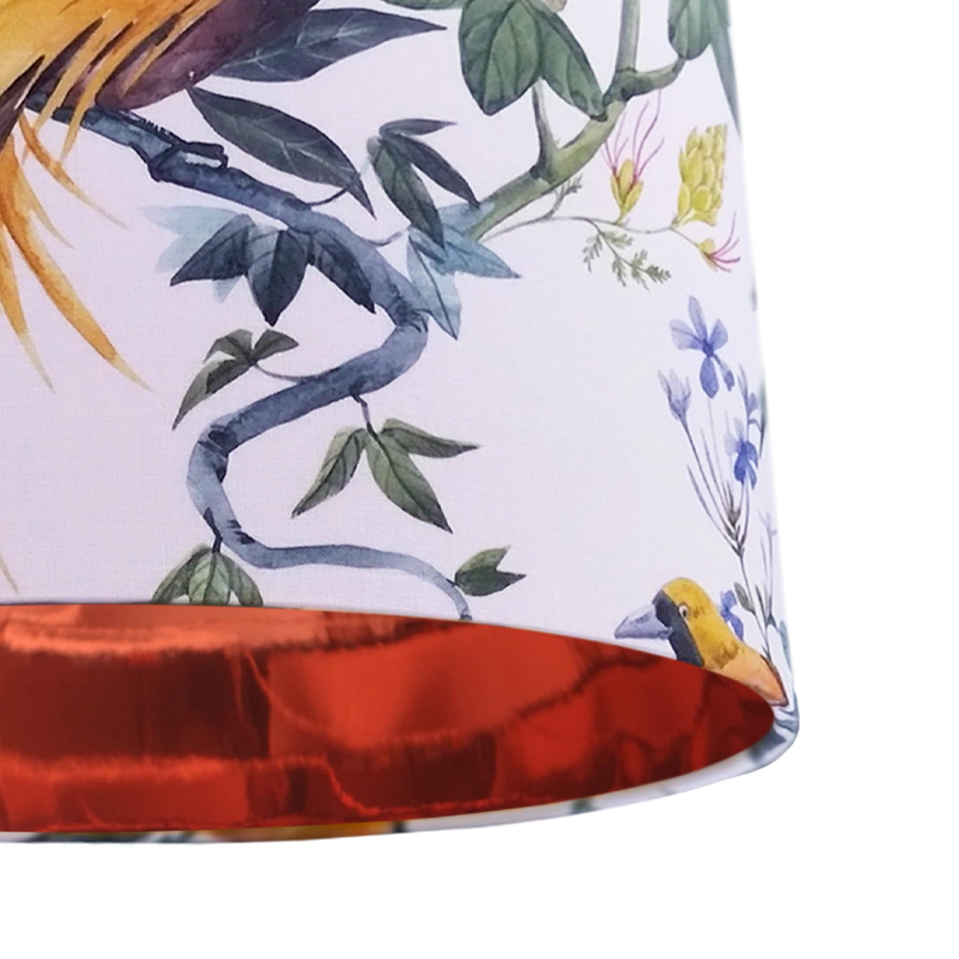 close up of the Tropical Birds Lampshade with Mirror Copper Lining