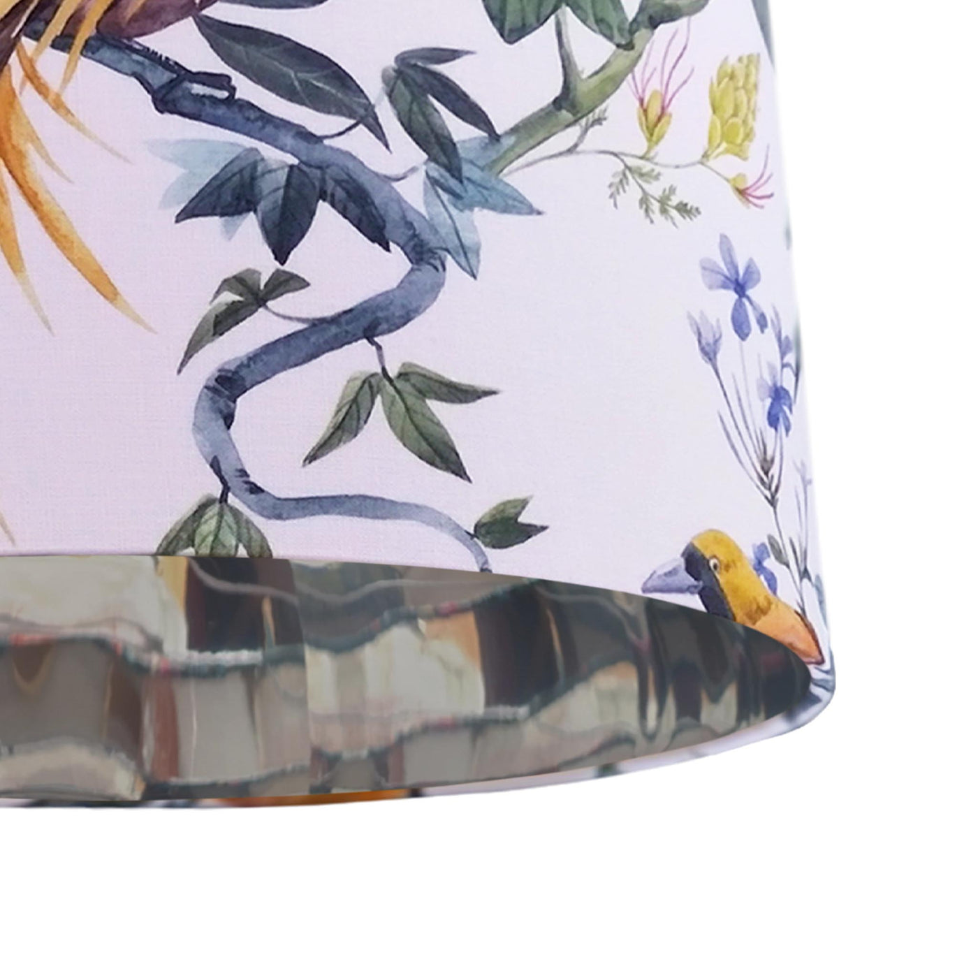 close up of the Tropical Birds Cotton Lampshade with Mirror Silver Lining