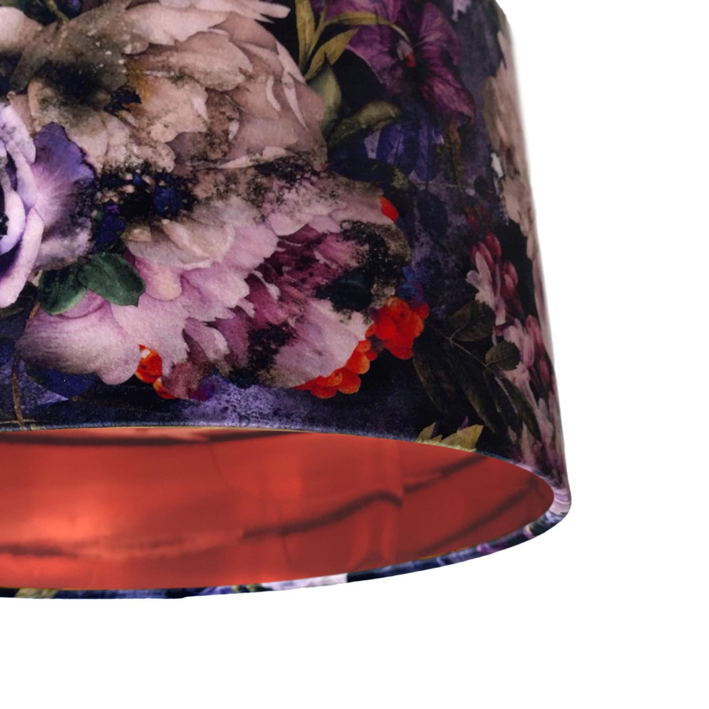 close up of the Vintage Flowers Velvet Lampshade with Mirror Copper Lining