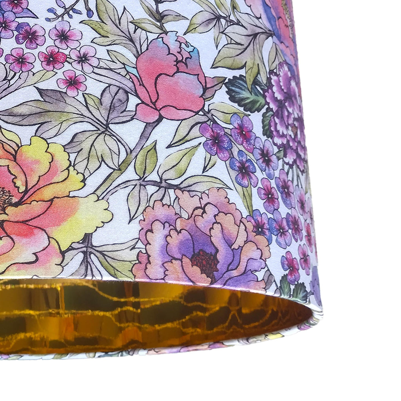 close up of the Summer Wildflowers Cotton Lampshade with Mirror Gold Lining