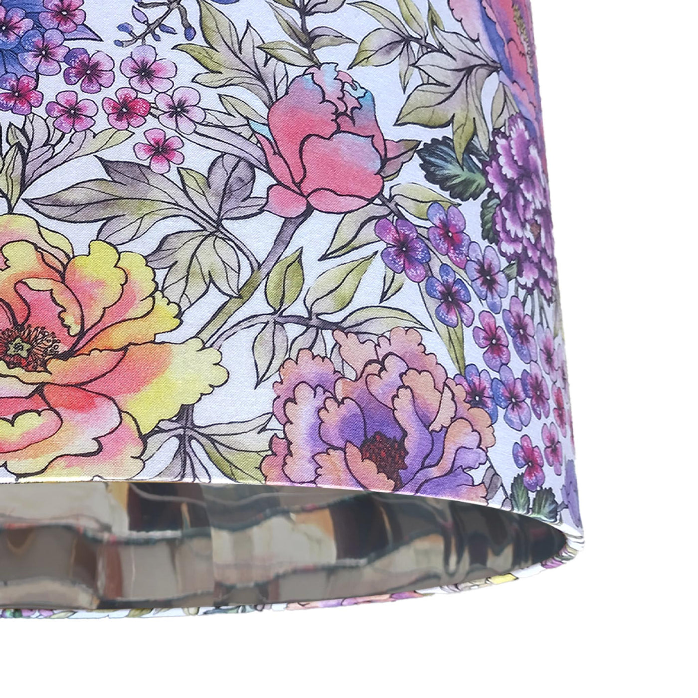 close up of the Summer Wildflowers Cotton Lampshade with Mirror Silver Lining