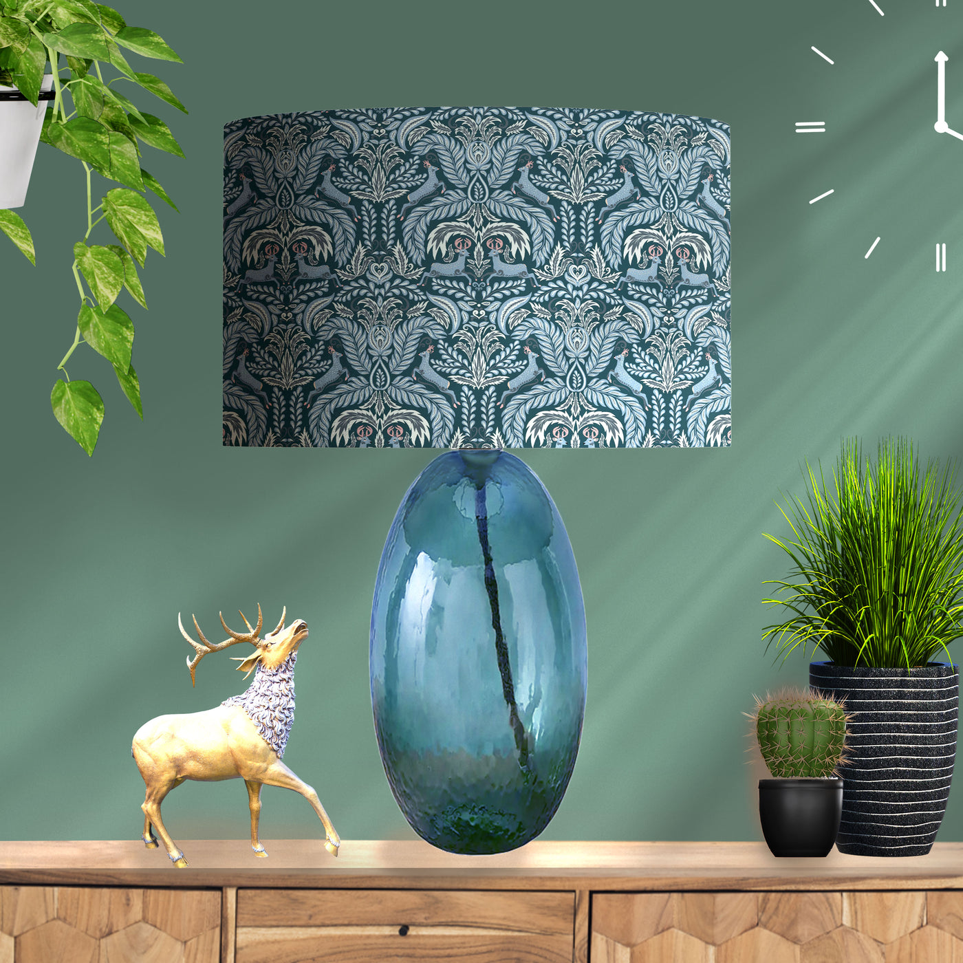 Deer Woodland Cotton Lampshade in Navy Blue with Mirror Silver