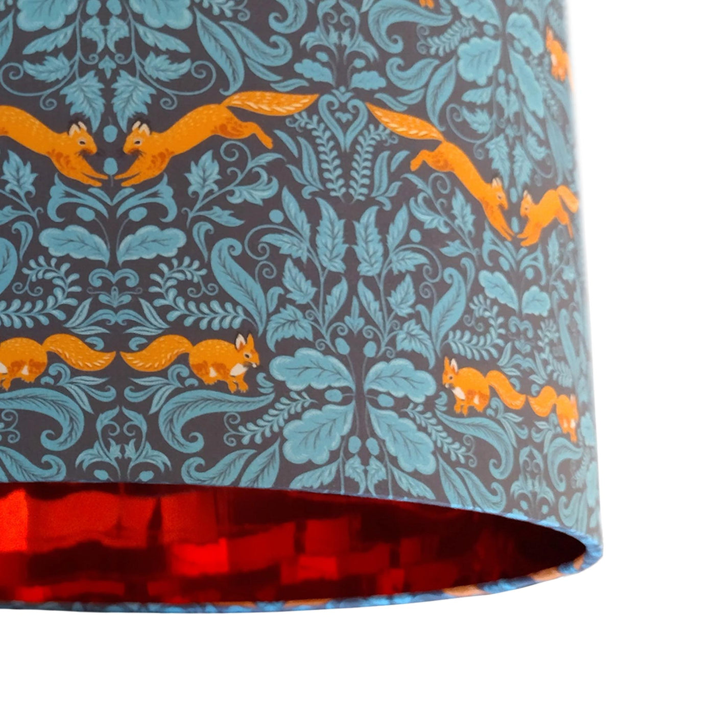 close up of the Squirrel Woodland Teal Blue Cotton Lampshade with Mirror Copper