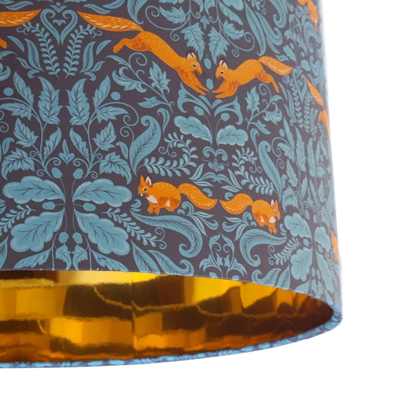 close up of the Squirrel Woodland Teal Blue Cotton Lampshade with Mirror Gold