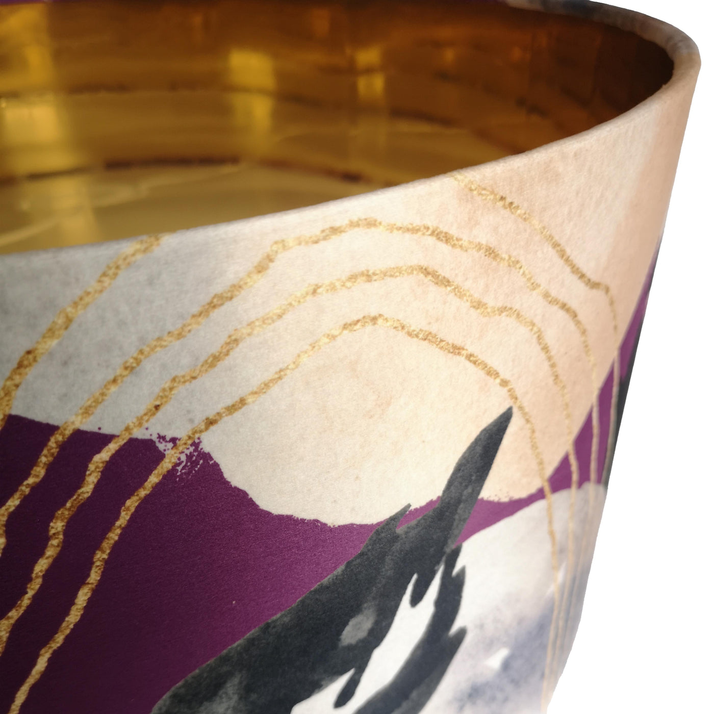 close up of Abstract Velvet Lampshade in Mulberry Purple with Mirror Gold Lining