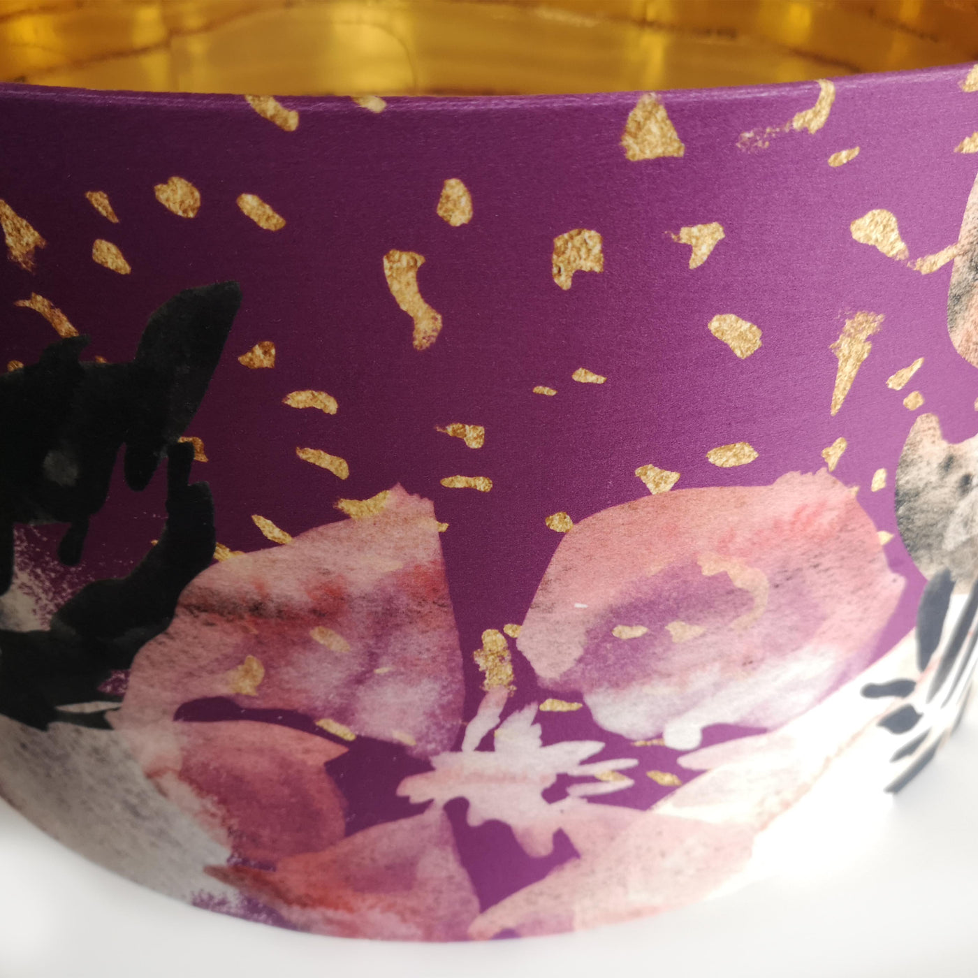 close up of Abstract Velvet Lampshade in Mulberry Purple with Mirror Gold Lining