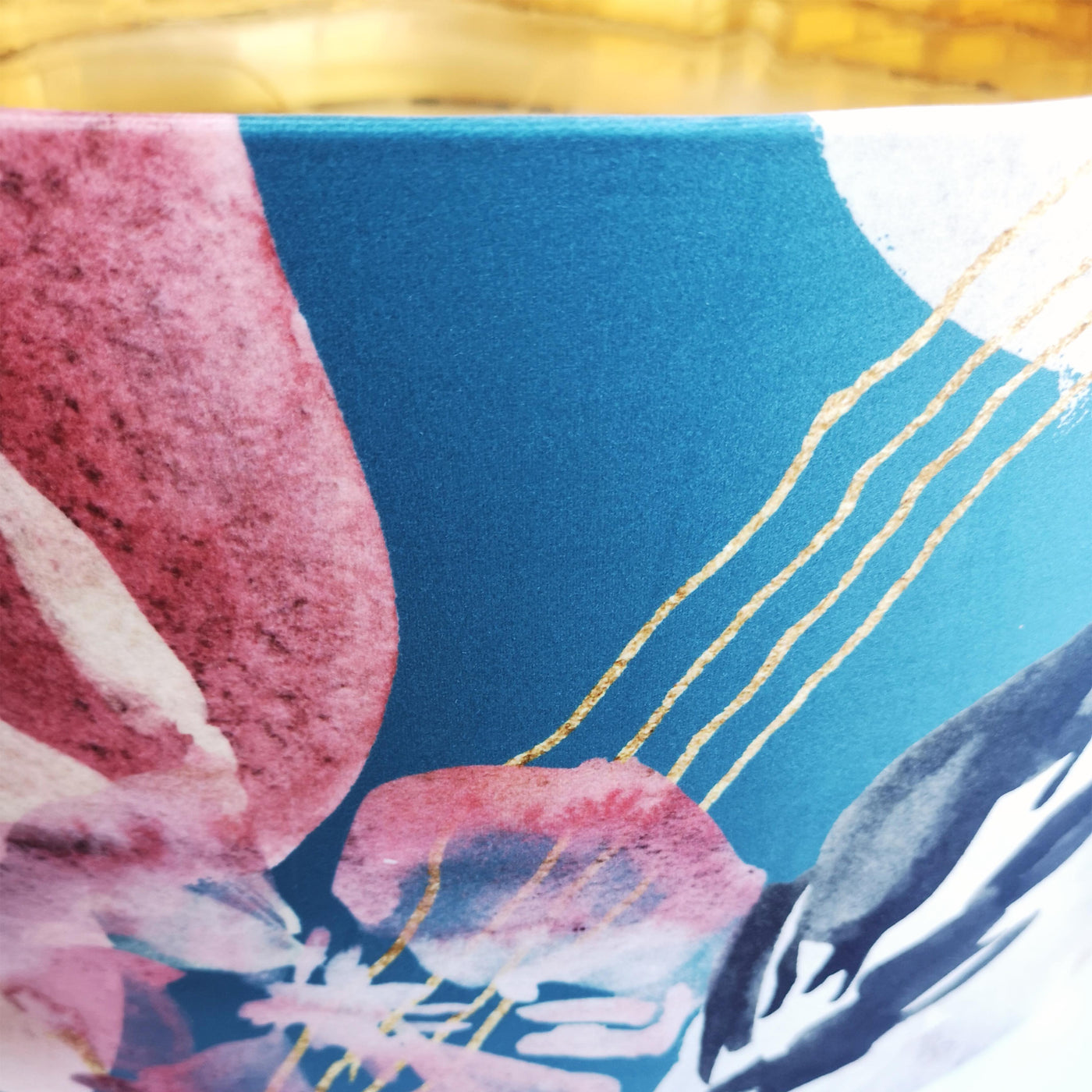 close up of the Abstract Velvet Lampshade in Teal Blue with Mirror Gold Lining