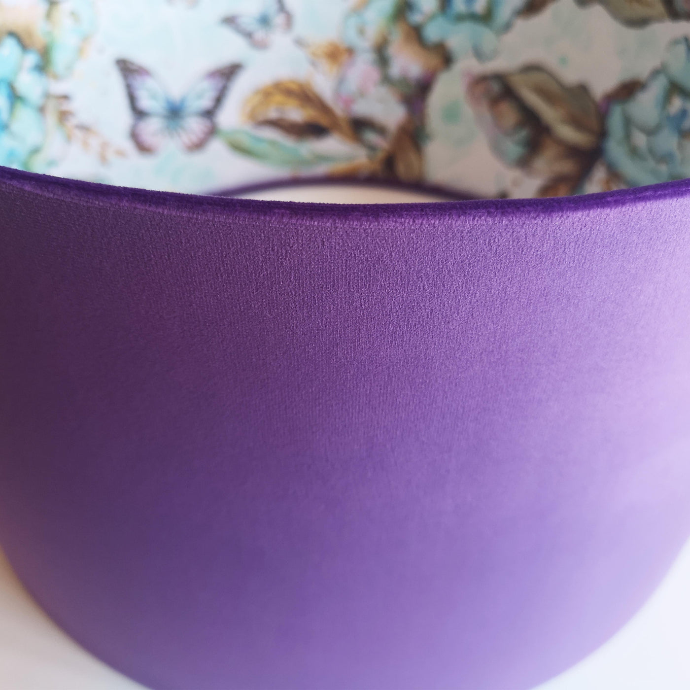 close up of the Boho Florals and Butterflies in Amethyst Velvet lampshade