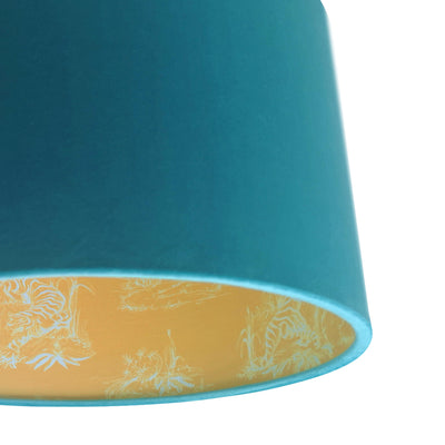 close up of the Teal Blue Velvet Lampshade With Mustard Yellow Chinoiserie